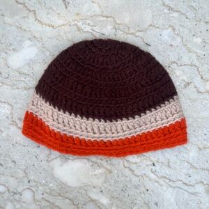 Hand Crafted Triple-Stripe Crochet Beanie - Brown, Cream & Orange